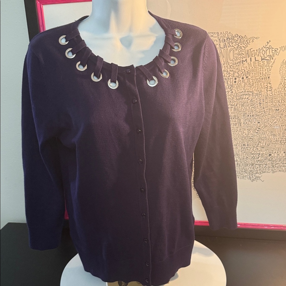 Cable & Gauge Purple Cardigan with Grommet Detail EUC